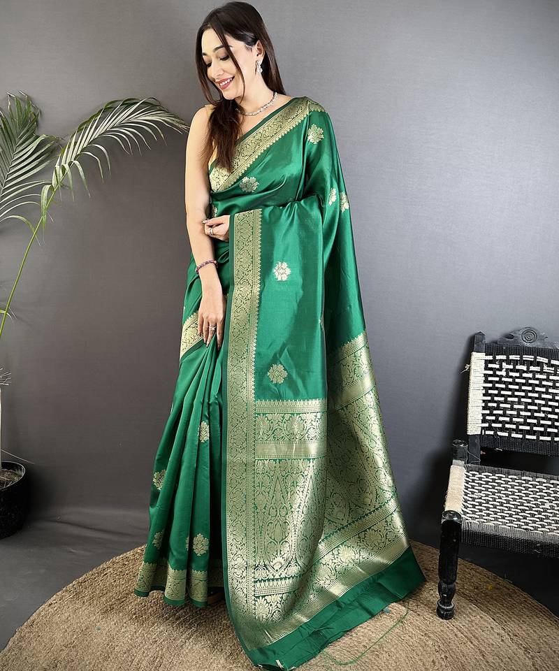 green cotton silk blend floral jacquard zari woven banarasi saree