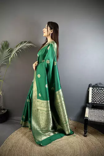 green cotton silk blend floral jacquard zari woven banarasi saree