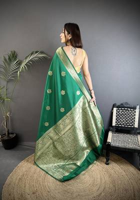 green cotton silk blend floral jacquard zari woven banarasi saree 3