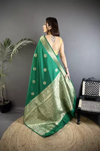 green cotton silk blend floral jacquard zari woven banarasi saree