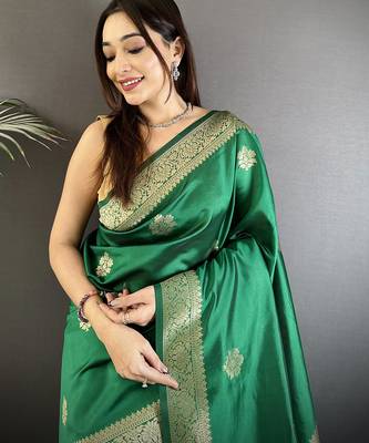 green cotton silk blend floral jacquard zari woven banarasi saree 4
