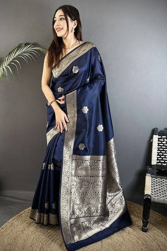 navy blue cotton silk blend floral jacquard zari woven banarasi saree
