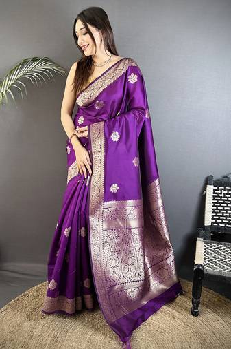 purple cotton silk blend floral jacquard zari woven banarasi saree