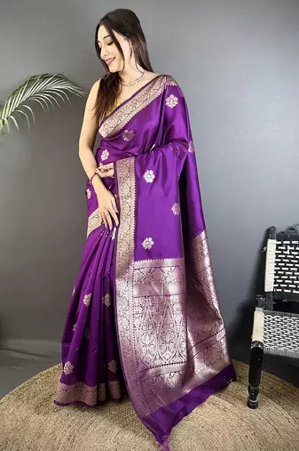 purple cotton silk blend floral jacquard zari woven banarasi saree