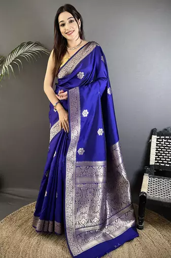 royal blue cotton silk blend floral jacquard zari woven banarasi saree