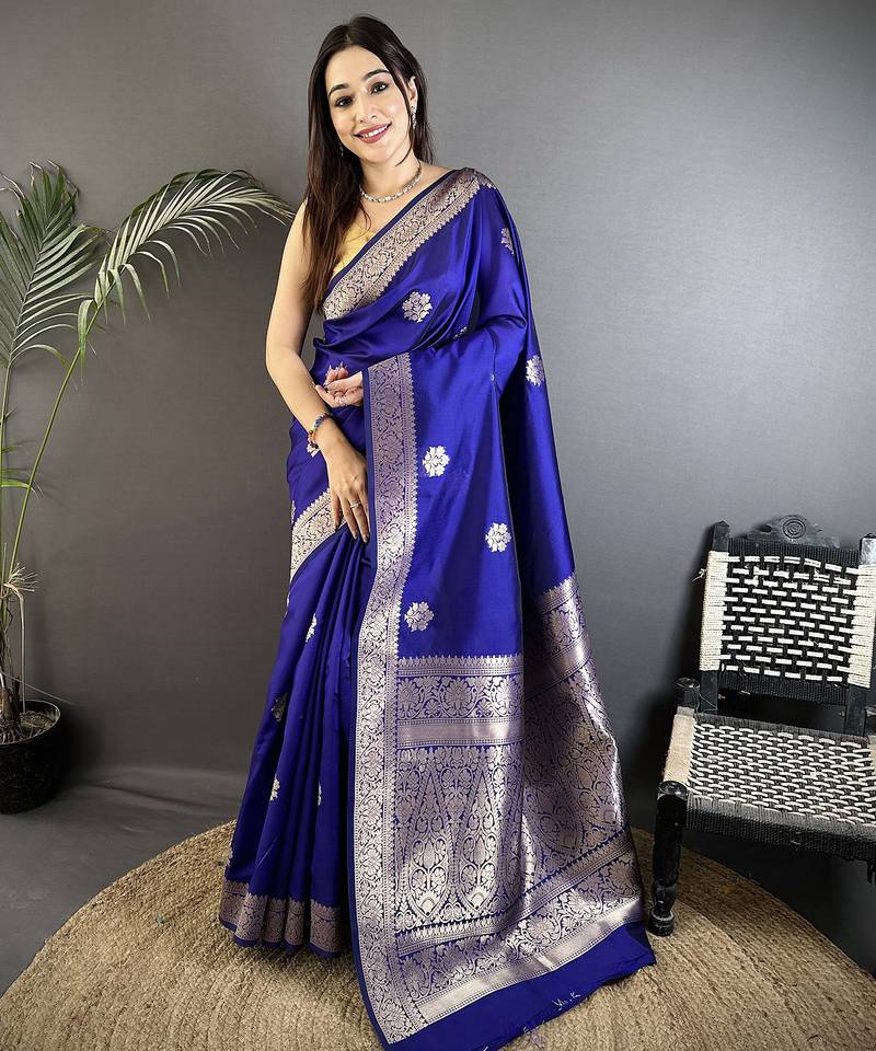 royal blue cotton silk blend floral jacquard zari woven banarasi saree