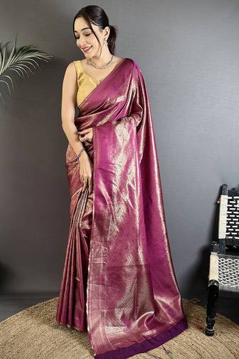 purple soft satin silk blend paisley & floral banarasi saree