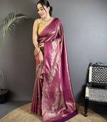 purple soft satin silk blend paisley & floral banarasi saree