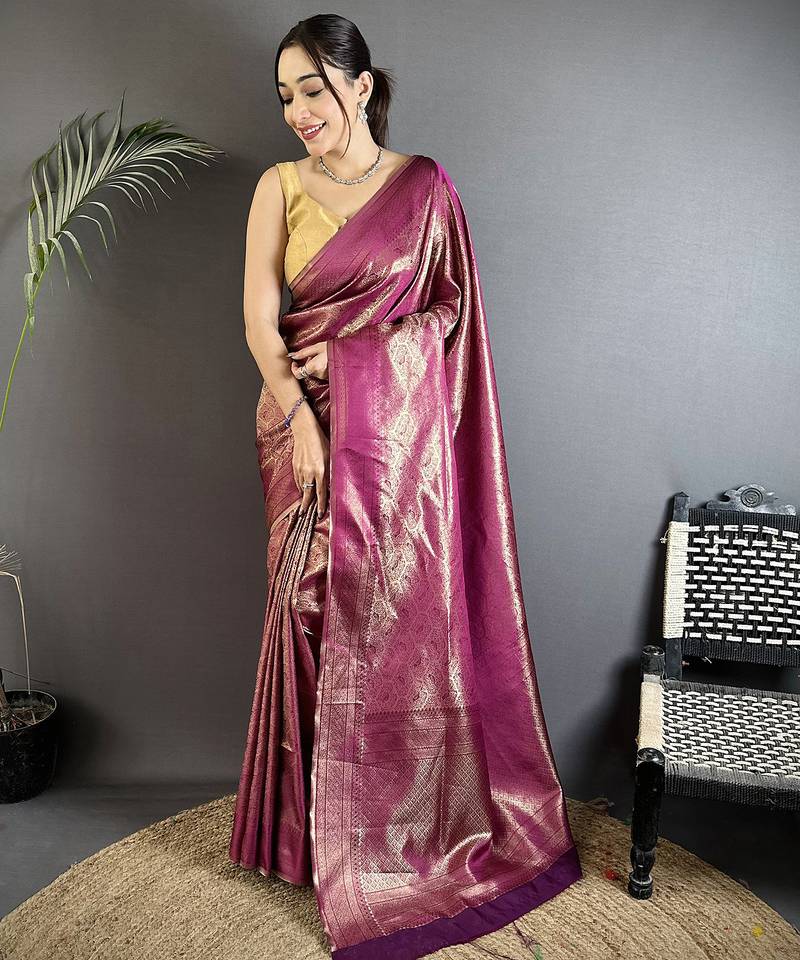 purple soft satin silk blend paisley & floral banarasi saree