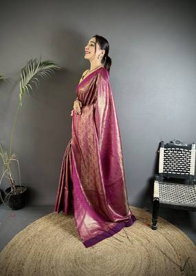 purple soft satin silk blend paisley & floral banarasi saree 2