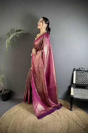 purple soft satin silk blend paisley & floral banarasi saree