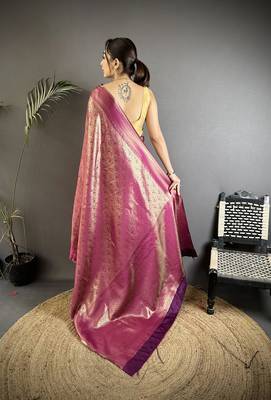 purple soft satin silk blend paisley & floral banarasi saree 3