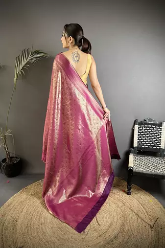 purple soft satin silk blend paisley & floral banarasi saree