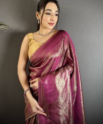 purple soft satin silk blend paisley & floral banarasi saree 4