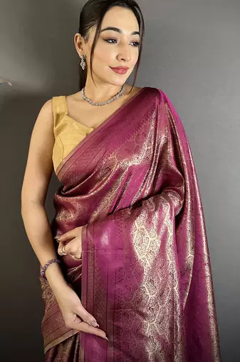 purple soft satin silk blend paisley & floral banarasi saree