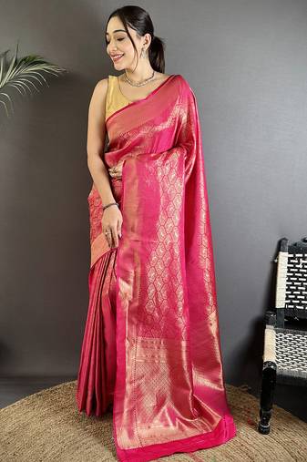 rani pink soft satin silk blend paisley & floral banarasi saree
