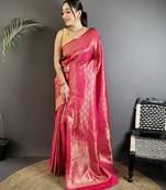 rani pink soft satin silk blend paisley & floral banarasi saree