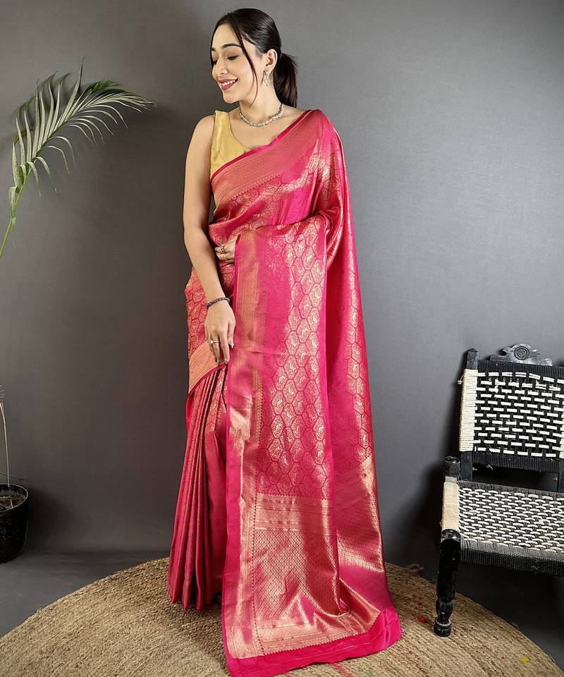 rani pink soft satin silk blend paisley & floral banarasi saree