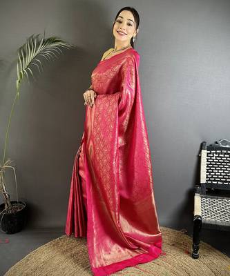 rani pink soft satin silk blend paisley & floral banarasi saree 2