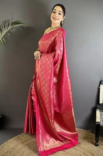 rani pink soft satin silk blend paisley & floral banarasi saree