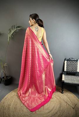 rani pink soft satin silk blend paisley & floral banarasi saree 3
