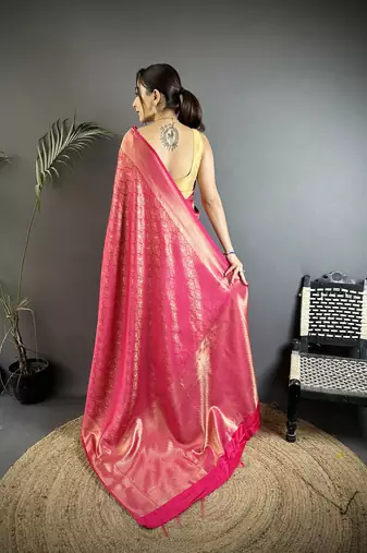 rani pink soft satin silk blend paisley & floral banarasi saree