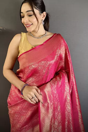 rani pink soft satin silk blend paisley & floral banarasi saree