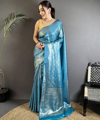 turquoise blue soft satin silk blend paisley & floral banarasi saree 1