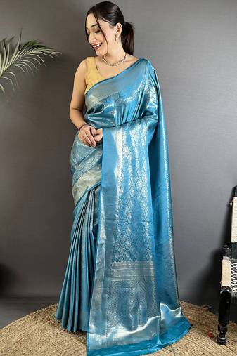 turquoise blue soft satin silk blend paisley & floral banarasi saree