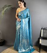 turquoise blue soft satin silk blend paisley & floral banarasi saree