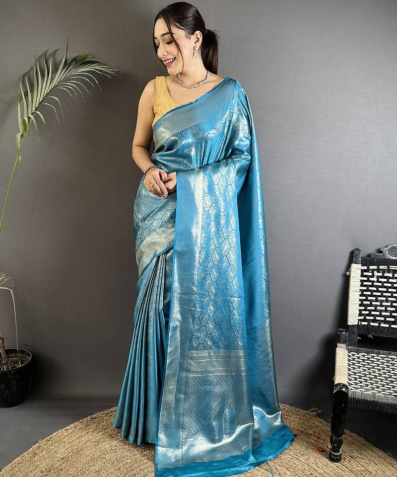 turquoise blue soft satin silk blend paisley & floral banarasi saree