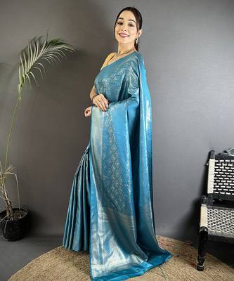 turquoise blue soft satin silk blend paisley & floral banarasi saree 2