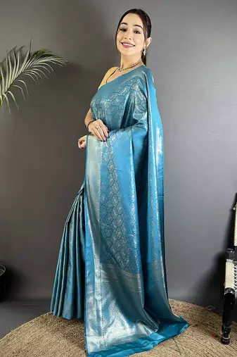 turquoise blue soft satin silk blend paisley & floral banarasi saree