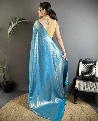 turquoise blue soft satin silk blend paisley & floral banarasi saree 3