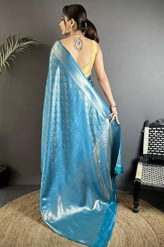 turquoise blue soft satin silk blend paisley & floral banarasi saree