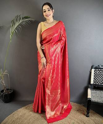 red soft satin silk blend paisley & floral banarasi saree 1