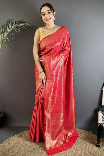 red soft satin silk blend paisley & floral banarasi saree