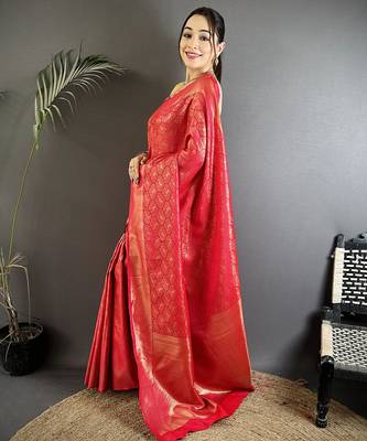 red soft satin silk blend paisley & floral banarasi saree 2