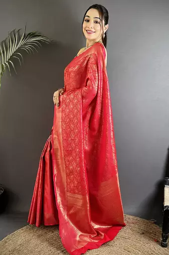 red soft satin silk blend paisley & floral banarasi saree