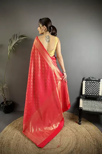red soft satin silk blend paisley & floral banarasi saree