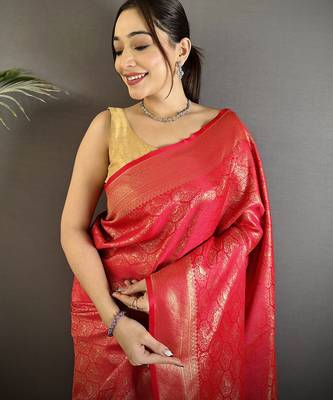 red soft satin silk blend paisley & floral banarasi saree 4