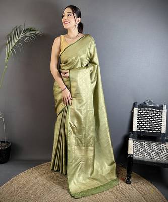 red soft satin silk blend paisley & floral banarasi saree 1