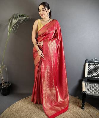 rose gold soft satin silk blend paisley & floral banarasi saree 1