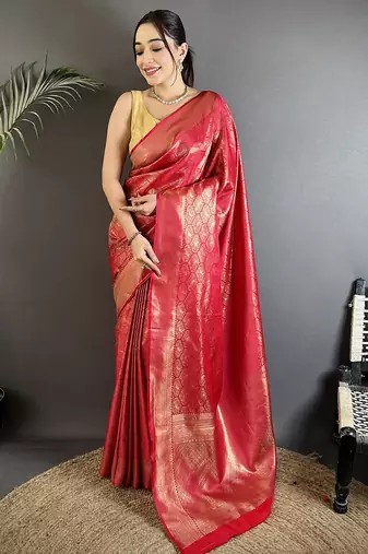 rose gold soft satin silk blend paisley & floral banarasi saree