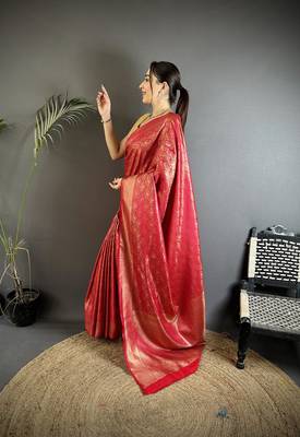 rose gold soft satin silk blend paisley & floral banarasi saree 2