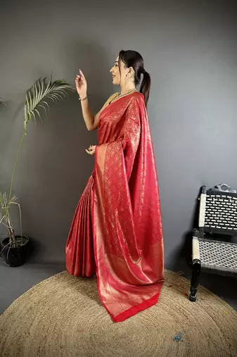 rose gold soft satin silk blend paisley & floral banarasi saree