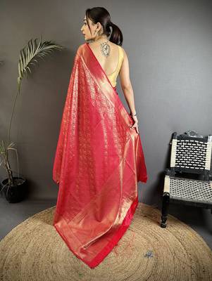rose gold soft satin silk blend paisley & floral banarasi saree 3