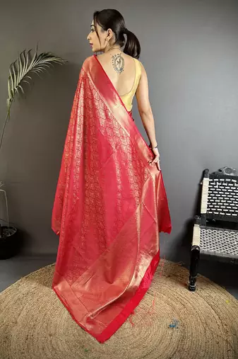 rose gold soft satin silk blend paisley & floral banarasi saree