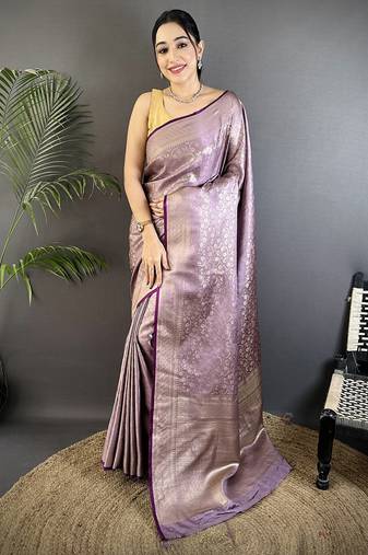 lavender soft satin silk blend floral & paisley motifs banarasi saree