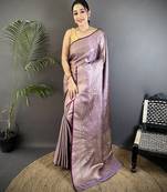 lavender soft satin silk blend floral & paisley motifs banarasi saree